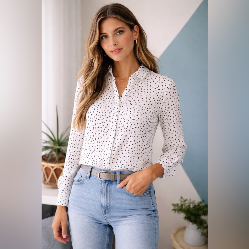 Beachlunchlounge Mini Heart Print Button-Up Blouse Preppy Casual Shirt Size M